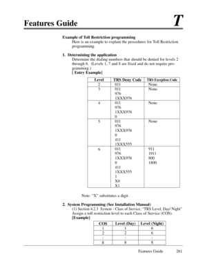 Page 270Features GuideT
Features Guide 261
Example of Toll Restriction programming
Here is an example to explain the procedures for Toll Restriction
programming.
1.  Determining the application
Determine the dialing numbers that should be denied for levels 2
through 6.  (Levels 1, 7 and 8 are fixed and do not require pro-
gramming.)
[ Entry Example]
Note: ÒXÓ substitutes a digit.
2.  System Programming (See Installation Manual)
(1) 
Section 4.2.3  System - Class of Service, ÒTRS Level, Day/ NightÓ
Assign a toll...