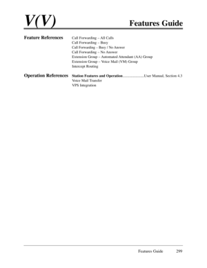 Page 308Features Guide 299
V(V)Features Guide
Feature ReferencesCall Forwarding Ð All Calls
Call Forwarding Ð Busy
Call Forwarding Ð Busy / No Answer
Call Forwarding Ð No Answer
Extension Group Ð Automated Attendant (AA) Group
Extension Group Ð Voice Mail (VM) Group
Intercept Routing
Operation ReferencesStation Features and Operation.......................User Manual, Section 4.3
Voice Mail Transfer
VPS Integration 