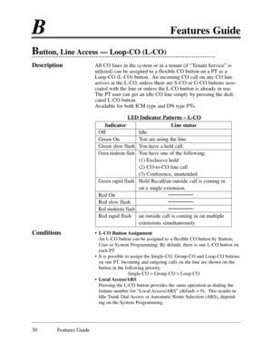 Page 39BFeatures Guide
30 Features Guide
Button, Line Access Ñ Loop-CO (L-CO)
DescriptionAll CO lines in the system or in a tenant (if ÒTenant ServiceÓ is
utilized) can be assigned to a flexible CO button on a PT as a
Loop-CO (L-CO) button.  An incoming CO call on any CO line
arrives at the L-CO, unless there are S-CO or G-CO buttons asso-
ciated with the line or unless the L-CO button is already in use.
The PT user can get an idle CO line simply by pressing the dedi-
cated L-CO button.  
Available for both ICM...