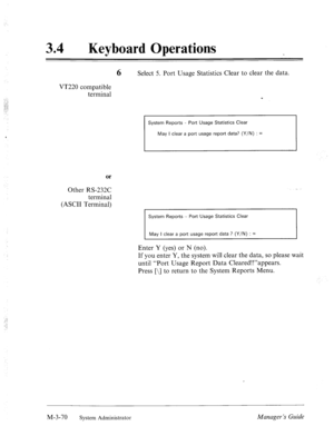 Page 12534 0 
Keyboard Operations 
6 Select 5. Port Usage Statistics Clear to clear the data. 
VT220 compatible 
terminal 
System Reports - Port Usage Statistics Clear 
May I clear a port usage report data? (Y/N) : = 
or 
Other RS-232C 
terminal 
(ASCII Terminal) 
System Reports - Port Usage Statistics Clear 
May I clear a port usage report data ? (Y/N) : = 
M-3-70 System Administrator 
Enter Y (yes) or N (no). 
If you enter Y, the system will clear the data, so please wait 
until “Port Usage Report Data...