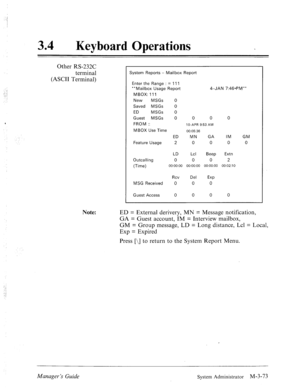 Page 128: 
: 
“.,’ 
-.: 
34 0 
Keyboard Operations 
Other RS-232C 
terminal 
(ASCII Terminal) 
System Reports - Mailbox Report 
Enter the Range : = 111 
**Mailbox Usage Report 4-JAN 7:46-PM** 
MBOX: 111 
New MSGs 0 
Saved MSGs 0 
ED MSGs 0 
Guest MSGs 0 0 0 0 
FROM :: 
IO-APR 9:53 AM 
MBOX Use Time 00:05:36 
ED MN GA IM GM 
Feature Usage 2 0 0 0 0 
LD Lcl Beep Extn 
Outcalling 0 0 0 2 
(Time) 
oo~oo:oo oo:oo:oo oo:oo:oo 00:02:10 
Rev Del 
Exp 
MSG Received 0 0 0 
Guest Access 0 0 0 0 
Note: ED = External...