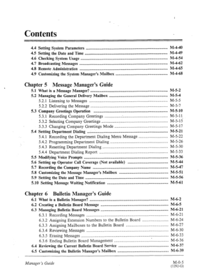 Page 4Contents 
4.4 Setting System Parameters ........................................................................... M-4-40 
4.5 Setting the Date and Time ............................................................................ M-4-49 
4.6 Checking System Usage ................................................................................ M-4-54 
4.7 Broadcasting Messages ................................................................................. M-4-62 
4.8 Remote Administration...