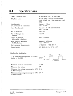 Page 33881 l Specifications 
DTMF Detection Time: 
Telephone Line: 
Line Capacity: 
(No. of lines to be connected) 
Hard Disk Capacity: 
No. of Mailboxes: 
No. of Messages in a 
Mailbox: 
Length of Message 
Recorded in a Mailbox: 
Total length of Messages 
Held by System: 
Environmental Requirements: 
Power Supply: 80 msec MIN (ON), 80 msec (Off) 
Outside (CO) & Station lines available 
(both 
DTMF and Pulse modes are avail- 
able) 
Standard 2 lines 
Max. 8 lines 
Standard 45 MB (Unformatted) 
Max. 90 MB 
Max....