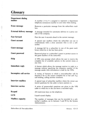 Page 576Glossary 
Department dialing 
number 
Erase message 
External delivery message 
Fast forward 
Guest account 
Guest message 
Guest password 
Help 
Immediate reply 
Incomplete call service 
Interview mailbox 
Interview service 
Keypad 
LCD 
Mailbox capacity 
Subscribers & Non-subscribers Glossary G-l-3 
A number ( 0 to 9 ) assigned to represent a department 
telephone (extension) number to save time when dialing. 
Removes a particular message from the subscribers mail- 
box. 
A message intended for...