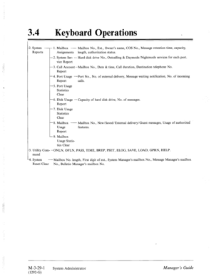 Page 7334 l Keyboard Operations 
!. System - 
Reports - 1. Mailbox - Mailbox No., Ext., Owner’s name, COS No., Message retention time, capacity, 
Assignments length, authorization status. 
- 2. System Ser- - Hard disk drive No., Outcalling & Daymode/Nightmode services for each port. 
vice Report 
- 3. Call Account -Mailbox No., Date & time, Call duration, Destination telephone NO. 
Report 
- 4. Port Usage -Port No., No. of external delivery, Message waiting notification, No. of incoming 
Report calls. 
-5. Port...