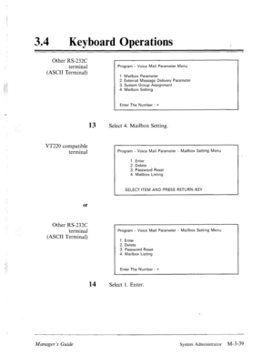 Page 83or 
Other RS-232C 
terminal 
(ASCII Terminal) 
~ Program - Voice Mail Parameter Menu 
1. Mailbox Parameter 
2. External Message Delivery Parameter 
3. System Group Assignment 
4. Mailbox Setting 
Enter The Number : = 
34 0 
Keyboard Operations 
Other RS-232C 
terminal 
(ASCII Terminal) 
VT220 compatible 
terminal 
13 Select 4. Mailbox Setting. 
I Program - Voice Mail Parameter - Mailbox Setting Menu 
1. Enter 
2. Delete 
3. Password Reset 
4. Mailbox Listing 
I SELECT ITEM AND PRESS RETURN-KEY 
Program -...