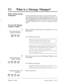 Page 22051 0 
What is a Message Manager? _ 
Before starting message 
management 
Use the work sheets provided to record the information 
you will need to do your tasks throughout the system. Just 
fill in the blanks with the information requested. Once you 
have finished filling out the work sheets, you can use them 
as quick reference cards to aid you in message manage- 
ment. 
To access the Message 
Manager% mailbox 
(Voice Mail Service’s 
Extension Number) 
2 
(Message Manager’s 
mailbox number) 
(Message...