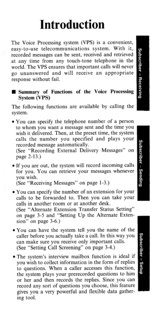 Page 2Introduction 
The Voice Processing system (VPS) is a convenient, 
easy-to-use telecommunications system. With it, 
recorded messages can be sent, received and retrieved 
at any time from any touch-tone telephone in the 
world. The VPS ensures that important calls will never 
go unanswered and will receive an appropriate 
response without fail. 
n Summary of Functions of the Voice Processing 
System (VPS) 
The following functions are available by calling the 
system. 
l You can specify the telephone...