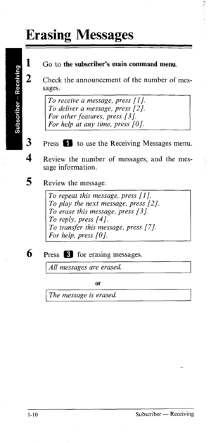 Page 15Erasing Messages 
1 
2 
3 
4 
5 
6 Go to the subscriber’s main command menu. 
Check the announcement of the number of mes- 
sages. 
To receive a message, press [I]. 
To deliver a message, press (21. 
For other 
features, press [3]. 
For help at any time, press [O]. 
Press 0 to use the Receiving Messages menu. 
Review the number of messages, and the mes- 
sage information. 
Review the message. 
To 
repeat this message, press [I]. 
To play the next message, press [2/. 
To erase this message, press [3]. 
To...