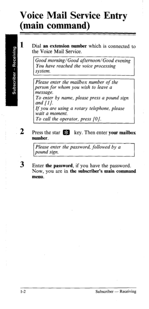 Page 7Voice Mail Service Entry 
(main command) 
1 
-2 
3 Dial an extension number which is connected to 
the Voice Mail Service. 
Good morning/Good afternoon/Good evening 
You have reached the voice processing 
system. 
Please enter the mailbox number of the 
person for whom you wish to leave a 
message. 
To enter by name, please press a pound sign 
and [I]. 
If you are using a rotary telephone, please 
wait a moment. 
To call the operator, press [O]. 
Press the star a key. Then enter your mailbox 
number....