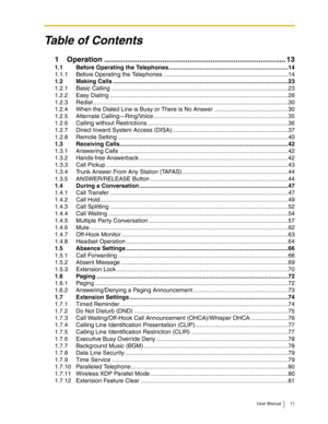 Page 11User Manual 11
Table of Contents
1 Operation ....................................................................................... 13
1.1 Before Operating the Telephones.........................................................................14
1.1.1 Before Operating the Telephones ............................................................................14
1.2 Making Calls ...........................................................................................................23
1.2.1 Basic...