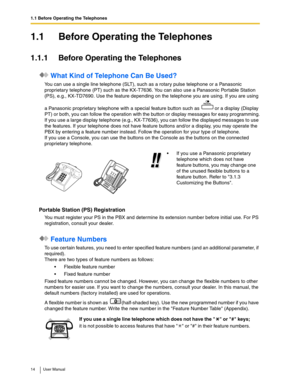 Page 141.1 Before Operating the Telephones
14 User Manual
1.1 Before Operating the Telephones
1.1.1 Before Operating the Telephones
 What Kind of Telephone Can Be Used?
You can use a single line telephone (SLT), such as a rotary pulse telephone or a Panasonic 
proprietary telephone (PT) such as the KX-T7636. You can also use a Panasonic Portable Station 
(PS), e.g., KX-TD7690. Use the feature depending on the telephone you are using. If you are using 
a Panasonic proprietary telephone with a special feature...