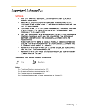 Page 3User Manual 3
Important Information
WARNING
• THIS UNIT MAY ONLY BE INSTALLED AND SERVICED BY QUALIFIED 
SERVICE PERSONNEL.
 WHEN A FAILURE OCCURS WHICH EXPOSES ANY INTERNAL PARTS, 
DISCONNECT THE POWER SUPPLY CORD IMMEDIATELY AND RETURN THIS 
UNIT TO YOUR DEALER.
 DISCONNECT THE TELECOM CONNECTION BEFORE DISCONNECTING THE 
POWER CONNECTION PRIOR TO RELOCATING THE EQUIPMENT, AND 
RECONNECT THE POWER FIRST.
 THIS UNIT IS EQUIPPED WITH A GROUNDING CONTACT PLUG. FOR SAFETY 
REASONS, THIS PLUG MUST ONLY...