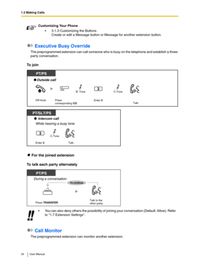 Page 341.2 Making Calls
34 User Manual
 Executive Busy Override
The preprogrammed extension can call someone who is busy on the telephone and establish a three-
party conversation.
To join
 For the joined extension
To talk each party alternately
 Call Monitor
The preprogrammed extension can monitor another extension.
Customizing Your Phone
3.1.3 Customizing the Buttons
Create or edit a Message button or Message for another extension button.
You can also deny others the possibility of joining your conversation...