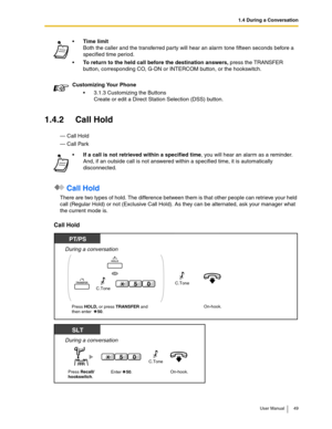 Page 491.4 During a Conversation
User Manual 49
1.4.2 Call Hold
— Call Hold
— Call Park
 Call Hold
There are two types of hold. The difference between them is that other people can retrieve your held 
call (Regular Hold) or not (Exclusive Call Hold). As they can be alternated, ask your manager what 
the current mode is.
Call Hold
Time limit
Both the caller and the transferred party will hear an alarm tone fifteen seconds before a 
specified time period.

To return to the held call before the destination...