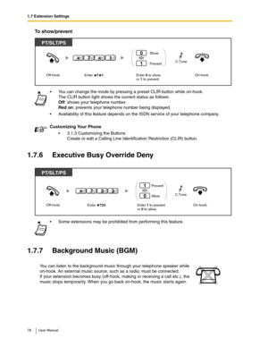 Page 781.7 Extension Settings
78 User Manual
To show/prevent
1.7.6 Executive Busy Override Deny
1.7.7 Background Music (BGM)
You can change the mode by pressing a preset CLIR button while on-hook. 
The CLIR button light shows the current status as follows: 
Off: shows your telephone number. 
Red on: prevents your telephone number being displayed.
Availability of this feature depends on the ISDN service of your telephone company.
Customizing Your Phone
3.1.3 Customizing the Buttons
Create or edit a Calling...