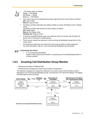 Page 851.8 Call Center
User Manual 85
1.8.2 Incoming Call Distribution Group Monitor
— Monitoring the Status of Waiting Calls
— Monitoring and Changing the Log-in/Log-out Status of Extensions
The extension assigned as a Supervisor extension can monitor and control the status of other 
extensions in an incoming call distribution group. It should have a PT with 6-line display. The display 
and DSS buttons show as follows:* The status will be as follows:
Ready   Not Ready
Not Ready   Ready 
Wrap-up   Not Ready...