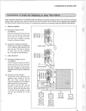 Page 15Make connections according to the following single line telephone connecting method and the 2 Key TEL/2 SLT connecting 
method. When inserting a card, make sure that the card top and bottom ribs are aligned with the respective slots located at 
the regular positions inside the key service unit. Programming is required for connecting a single line telephone (See page 62). 
(I ) Connection of station card II 
(VA-30941 D) 
Insert the station card II into the key 
service unit, and insert the other piece...