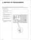 Page 30‘Read the following paragraphs before proceeding to the actual programming instructions and procedures. 
These notes and procedures are intended to acclimate the programmer to the proper programmingsequencerequired prior to 
the actual programming. 
programming of initial set 
@ Assure that the RAM switch is posi- 
tioned at “CLR” side. 
@ Set the power switch to the “ON” 
position. 
@ After about 5 seconds, assure that the 
DATA MONIT lamps is flashing. 
@ Change the RAM switch from the 
“CLR” side to...