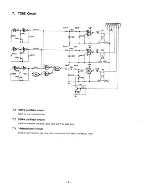 Page 1017. TONE Circuit 
7.1 450Hz oscillator circuit: 
Used for Intercom call tone. 
7.2 550Hz oscillator circuit: 
Used for Intercom dial tone, Busy tone and Ring back tone. 
7.3 16Hz oscillator circuit: 
Used for CO incoming call tone which modulated with 450Hz/550Hz by 16Hz. 
-8-  