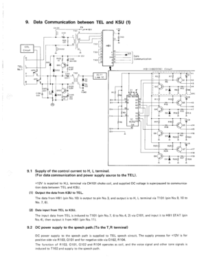 Page 1049. Data 
Communication between TEL and KSU (1) 
Circuit 
3 
( H 
L 
rlloo 
T --_  TEL 
No. 1 
* 12v 
RI03 
+ Cl02 
9.1 
(11 
(2) 
9.2 
Dato 
Communication 
6J.J 
I HBl (HB2006) Circuit 
+ c4 
RI7 RI9 LT 
05 -14 
RI6 
015 
016 
D3 R21 
R22 R20 
I + c5 
R23 
R25 
07 -17 
R24 
016 
019 
D4 
R26 R27 
R26 
Supply of the control current to H, L terminal. 
(For data communication and power supply 
source to the TEL). 
+lZV is supplied to H,L terminal via CHIOI choke coil, and supplied DC voltage is superpaused...