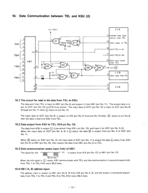 Page 10510. Data Communication between TEL and KSU (2) 
T301 
T401 
ICl (RST) IC4 
t 
Interrupt data input 
Control from TEL 
Data output to TEL 
Inhl (TEL1 ~4) 
Inh2 (TEL5-8) 
Data input from TEL 
I 4 
3 3 IC6 
10.1 The circuit for read in the data from TEL to KSU. 
The data sent from TEL is input to HBI (pin No.4) and output it from HBI (pin No. 11). The output data is in- 
put to ICY (pin No. 13) via D15 (Low active). The input data of IC21 (pin No. 13) is input to IC21 (pin No.9) 
through pin No. 11 when @...