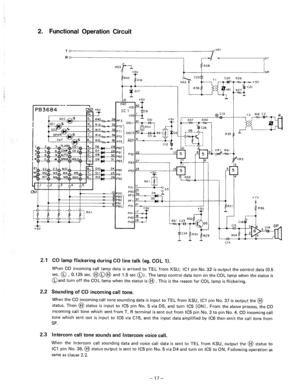 Page 1102. Functional Operation Circuit 
HS3 b 
I $R26 
/ 
1 f SPKRL PF3 
P70 
P71 
P72 
P73 
1 
2.1 
CO lamp flickering during CO line talk (eg. COL 1). 
When CO incoming call lamp data is arrived to TEL from KSU, ICI pin No.32 is output the control data (0.5 
sec. @ , 0.125 sec. @@@ and 1.5 set 0). The lamp control data turn on the COL lamp when the status is 
@and turn off the COL lamp when the status is @ 
. This is the reason for COL lamp is flickering. 
2.2 
Sounding of CO incoming call tone. 
When the CO...