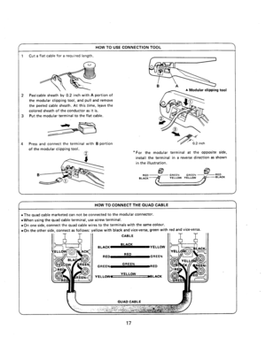 Page 19HOW TO USE CONNECTION TOOL 
1 
Cut a flat cable for a required length. 
2 Peelcable sheath 
the modular clipping tool, and pull and remove 
the peeled cable sheath. At this time, leave the 
colored sheath of the conductor as it is. 
3 Put the modular terminal to the flat cable. 
+e 
4 Press and connect the terminal with B portion 
of the modular clipping tool. 
2 *For the modular terminal at the opposite side, 
install the terminal in a reverse direction as shown 
in the illustration. 
RED 
BLACK YELLOW...