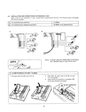 Page 208.2 INSTALLATION AND CONNECTION OF EXTENSION EC UNIT 
When using five key telephones or more, connect them using Extension EC Unit. The following types of Extension 
EC Units are available. 
A For extending 4 key telephones VA-20040 
B For extending 2 key telephones and 2 SLTs VA-20841 (to be released shortly) 
B _ 
7 NOTE: PLEASE TURN OFF POWER SWITCH WITHOUT 
FAIL, BEFORE INSTALLING THE EC UNIT 
J 
. 
1 A. HOW TO INSTALL EC UNIT VA-20840 
1. Put lower side of the EC unit to the rib. 2 Push down the...