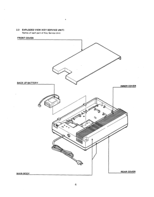 Page 6. 
2.3 
EXPLODED VIEW (KEY SERVICE UNIT) 
Names of each part of Key Service Unit 
FRONT COVER 
I 
INNER COVER 
MAIN BODY 
I 
4 
REAR COVER  