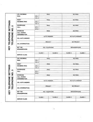 Page 58COL INCOMING 
RING NO RING 
I 
RING 
COL lj 
COL 21 
NIGHT 
INCOMING RING 
DOORPHONE 
CALL 
INTERCOM 
CALL DURING 
CONVERSATION I 
RING NO RING 
COL lj 
COL 2’ 
RING NO RING 
DPA j 
DPB 1 
RING NO RING 
AUTO ANSWER NO AUTO ANSWER 
COL AUTO ANSWER 
COL INTERRUPTION PRIVACY NO PRIVACY 
SET THE 
KEY TELEPHONE SPEAKERPHONE 
SPEAKERPHONE 
CLASS 1 
CLASS 2 CLASS 3 CLASS 4 
I 
SERVICE CLASS 
COL INCOMING I 
RING NO RING 
1 RING 
jCOLl/ 
1 
NIGHT 
INCOMING RING 
DOORPHONE 
CALL 
INTERCOM 
CALL DURING...