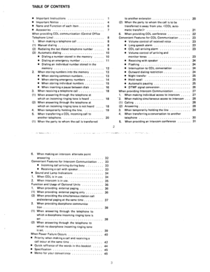 Page 65TABLE OF CONTENTS 
n Important Instructions ................... 1 
. 
Important Notice ....................... 4 
. Name and Function of each Item. 
............ 6 
n Accessories ........................... 7 
When providing COL communication (Central Office 
Telephone Line) 
.......................... 8 
1. When making a telephone call 
.............. 8 
(1) Manual dialing 
........................ 8 
(2) Redialing the last dialed telephone number ..... 9 
(3) Automatic dialing 
.........................