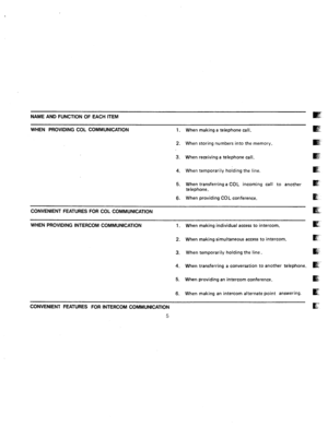 Page 67NAME AND FUNCTION OF EACH ITEM 
WHEN PROVIDING COL COMMUNICATION 
1. When making a telephone call. 
2. When storing numbers into the memory. 
3. When receiving a telephone call. 
4. When temporarily holding the line. 
5. When transferring a 
COL incoming call to another 
telephone. 
6. When providing COL conference. 
CONVENIENT FEATURES FOR COL COMMUNICATION 
WHEN PROVIDING INTERCOM COMMUNICATION 1. When making individual access to intercom. 
2. When making simultaneous access to intercom. 
3. When...