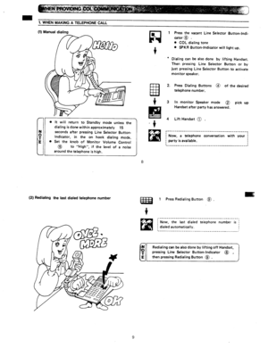 Page 691. WHEN MAKING A TELEPHONE CALL 
(1) Manual dialino 
l It will return to Standby mode unless the 
dialing is done within approximately 
15 
seconds after pressing Line Selector Button- 
Indicator, in the on hook dialing mode. 
l Set the knob of Monitor Volume Control 
@ to “High”, 
if the level of a noise 
around the telephone is high. 
(2) Redialing the last dialed telephone number 
l 
Ll 
t 
liEI 
t 
la 
3 
q 
8 Press the vacant Line Selector Button-lndi- 
cator @ 
. 
l COL dialing tone 
l SPKR...