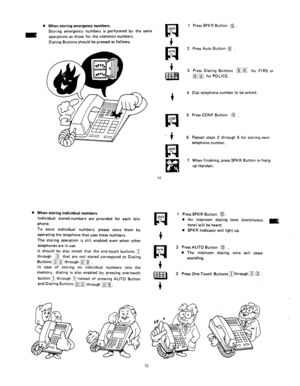 Page 72l When storing emergency numbers. 
Storing emergency numbers is performed by the same 
operations as those for the common numbers. 
Dialing Buttons should be pressed as follows; 
l When storing individual numbers. 
individual stored-numbers are provided for each tele- 
phone. 
To store individual numbers, please store them by 
operating the telephone that uses these numbers. 
The storing operation is still enabled even when other 
telephones are in use. 
It should be also noted that the one-touch buttons...