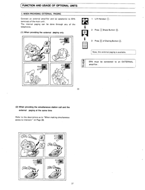 Page 84FUNCTION AND USAGE OF OPTIONAL UNITS 
1. WHEN PROVIDING EXTERNAL PAGING 
Connect an external amplifier and (a) speaker(s) to EPA 
terminals of the main unit. 
The internal paging can be done through any of the 
telephones. 
(1) When providing the external paging only 
(2) When providing the simultaneous station call and the 
external 
paging at the same time 
Refer to the descriptions as to “When making simultaneous 
access to intercom” on Page 28. 1 Lift Handset 0. 
2 Press z Sharp Button 
@‘. 
3 Press...