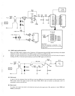 Page 94C603 T61 
V GND C42 
--I R43 (7 
_I6 3 
Y - COL 1 - 
COL 24 
COL 3.5 L” 82 
R42 $ 
ROW 1 ‘4 
I i 
1 I & 
IC12 b IC5 
IC4 
(3) DTMF signal sending operation 
COL COL COL 123 
I 
IC12 
,Example) 
ilVhen the telephone is dialed No. 1, the 
pin No.3 and pin No. 14 of ICI2 is turne 
to 03 status 
When the DTMF signal is dialed on Key Telephone, ICI 2 generates desired DTMF signal according to the dialed 
telephone number, and amplified it by iC25 to send it to CO line via IC23 and T61. 
Besides, the signal...