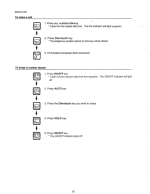 Page 11Making Calls 
To make a call 
I 
\I, 
@ 1. Press any available line key 
* Listen for the outside dial tone. The line indicator will light up green. 
t 
kil 2. Press One-touch key 
* The telephone number stored on this key will be dialed. 
3. Lift handset and speak when answered 
To erase a number stored 
+ 
1. Press ON/OFF key 
* Listen for the intercom dial tone from speaker. The ON/OFF indicator will light 
UP. 
2. Press AUTO key 
3. Press the One-touch key you wish to erase 
4. Press HOLD key 
5....