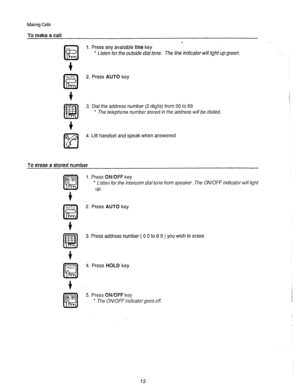 Page 13Making Calls 
To make a call 
f 
1. Press any available line key 
* Listen for the outside dial tone. The line indicator will light up green. 
2. Press AUTO key 
3. Dial the address number (2 digits) from 00 to 89 
* The telephone number stored in the address will be dialed. 
4. Lift handset and speak when answered 
To erase a stored number 
1. Press ON/OFF key 
l Lisfen for the intercom dial tone from speaker. The ON/OFF indicator will light 
UP. 
2. Press AUTO key 
3. Press address number ( 0 0 to 8 9...