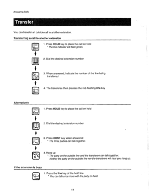 Page 15Answering Calls 
, 
You can transfer an outside call to another extension. 
Transferring a call to another extension 
HOLD 
a 
1. Press HOLD key to place the call on hold 
* The line indicator will flash green. 
2. Dial the desired extension number 
3. When answered, indicate the number of the line being 
transferred 
4. The transferee then presses the red-flashing line key 
Alternatively 
HOLD 
a 
CONF 
!a 
If the extension is busy 1. Press HOLD key to place the call on hold 
2. Dial the desired...