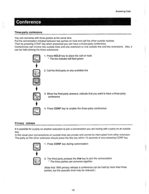 Page 16Answering Calls 
Three-party conference 
You can converse with three parties at the same time. 
Put the conversation initiated between two parties on hold and call the other outside number. 
Then by pressing CONF key when answered you can have a three-party conference. 
Conferences can involve two outside lines and one extension or one outside line and two extensions. Also, it 
can be held among the three extensions. 
1. Press HOLD key to place the call on hold 
l The line indicator will flash green. 
f...