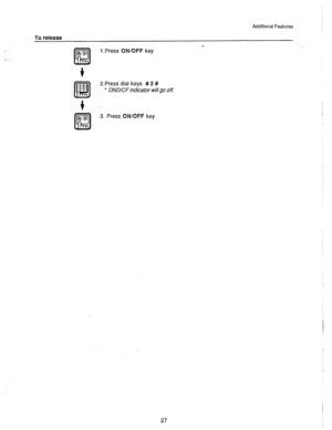 Page 28Additional Features 
,,. . 
,.. -’ 
To release 
ON/OFF 
RI 
t 
BE! 
t 
ON/OFF 
fE!l 
l.Press ON/OFF key I . 
2.Press dial keys # 2 # 
* DND/CF indicator will go off. 
3. Press ON/OFF key 
27  