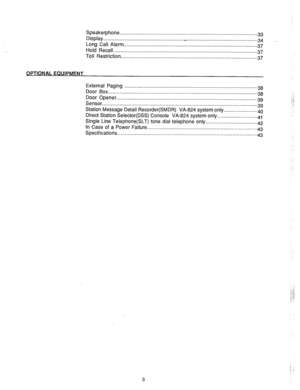 Page 4Speakerphone ............................................................................................. 
Display 
.33 
....................................................... _. ............................................... 
Long 
.34 
Call Alarm.. .......................................................................................... .87 
Hold Recall 
.................................................................................................. .37 
Toll Restriction...