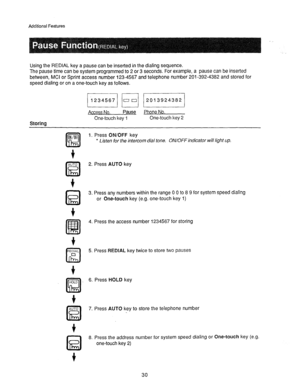 Page 31Additional Features 
Using the REDIAL key a pause can be inserted in the dialing sequence. 
The pause time can be system programmed to 2 or 3 seconds. For example, a pause can be inserted 
between, MCI or Sprint access number 123-4567 and telephone number 201-392-4382 and stored for 
speed dialing or on a one-touch key as follows. 
Storina 112345671 loo/ 12013924382 1 
Access No. Pause Phone No. 
One-touch key 1 One-touch key 2 
1. Press ON/OFF key 
l Listen for the intercom dial tone. ON/OFFindicator...