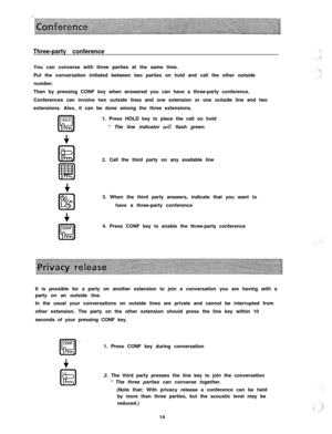 Page 15Three-party conferenceYou can converse with three parties at the same time.
Put the conversation initiated between two parties on hold and call the other outside
number.
Then by pressing CONF key when answered you can have a three-party conference.
Conferences can involve two outside lines and one extension or one outside line and two
extensions. Also, it can be done among the three extensions.
HOLD
l!d1. Press HOLD key to place the call on hold
* The line indicator will flash green.
2. Call the third...