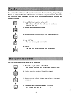 Page 19You can transfer an intercom call to another extension. When transferring, temporarily put
the call on hold, dial the other extension and have a three-party conversation. Then when
you hang up or press FLASH key you drop out of the conversation leaving the other two
parties to continue.HOLD
!a
CONF
a1. Press HOLD key to put the call on hold
* 
/NT indicator will flash. You will hear the continuous
intercom dial tone.
2. Dial the desired extension number
3. When answered, indicate that you want to...