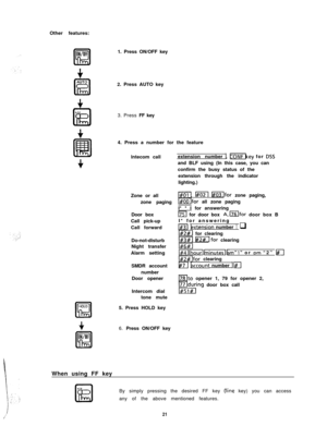 Page 22Other features:f
HOLD
Kl
+
ON/OFF
&!I1. Press ON/OFF key
2. Press AUTO key
3. Press FF key
4. Press a number for the feature
lntecom call
Zone or all
zone paging
Door box
Call pick-up
Call forward
Do-not-disturb
Night transfer
Alarm setting
SMDR account
number
Door opener
Intercom dial
tone mute
5. Press HOLD key
6. Press ON/OFF keyextension number
1 m)