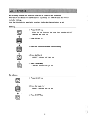 Page 23All incoming outside and intercom calls can be routed to set extension.
This feature can be set for each telephone separately and while it is set the DNDKFindicator light up.
Note that this indicator also lights up when the Do-Not-Disturb feature is set.
Settinq
1. Press ON/OFF key
* Listen for the intercom dial tone from speaker.-ON/OFF 
-. ’indicator will light up.
2. Press dial keys #33. Press the extension number for forwarding
4. Press dial key #
* DNDICF indicator
5. Press ON/OFF key
* ONIOFF...