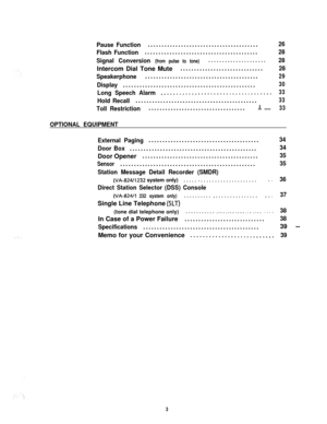 Page 4.  . .  . . .
Pause Function........................................
Flash Function.........................................
Signal Conversion (from pulse to tone).....................
Intercom Dial Tone Mute..............................
Speakerphone.........................................
Display................................................
Long Speech Alarm....................................
Hold Recall............................................
Toll...