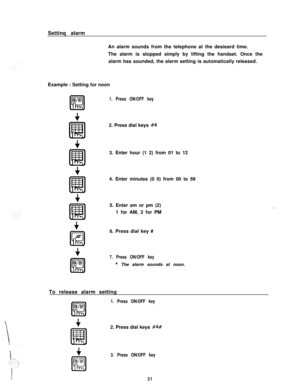 Page 32Settinq alarm
An alarm sounds from the telephone at the desieard time.
The alarm is stopped simply by lifting the handset. Once the
alarm has sounded, the alarm setting is automatically released.
Example : Setting for noon1. Press ON/OFF key2. Press dial keys 
#43. Enter hour (1 2) from 01 to 12
4. Enter minutes (0 0) from 00 to 59
5. Enter am or pm (2)
1 for AM, 2 for PM
6. Press dial key #
7. Press ON/OFF key
+ The alarm sounds at noon.
To release alarm setting
1. Press ON/OFF key2. Press dial keys...